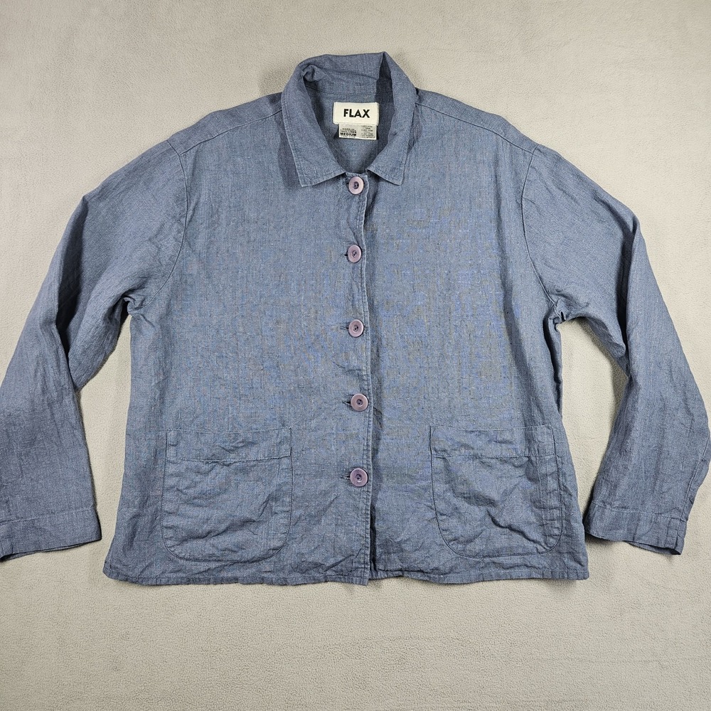 Flax Linen Shirt Jacket Womens Medium Button Down Blue Coastal Lagenlook Natural